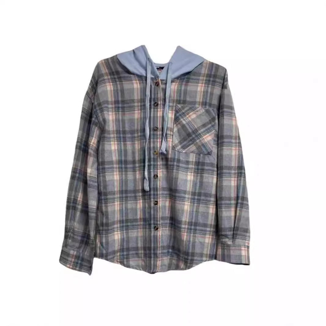 Women's nostalgic checked blouse with hood and button closure NOVAE