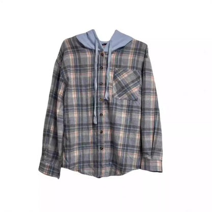 Women's nostalgic checked blouse with hood and button closure NOVAE