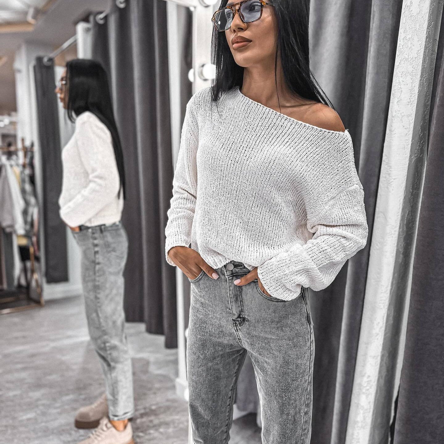 Women's casual knit sweater with off-shoulder design and comfortable cut NOVAE