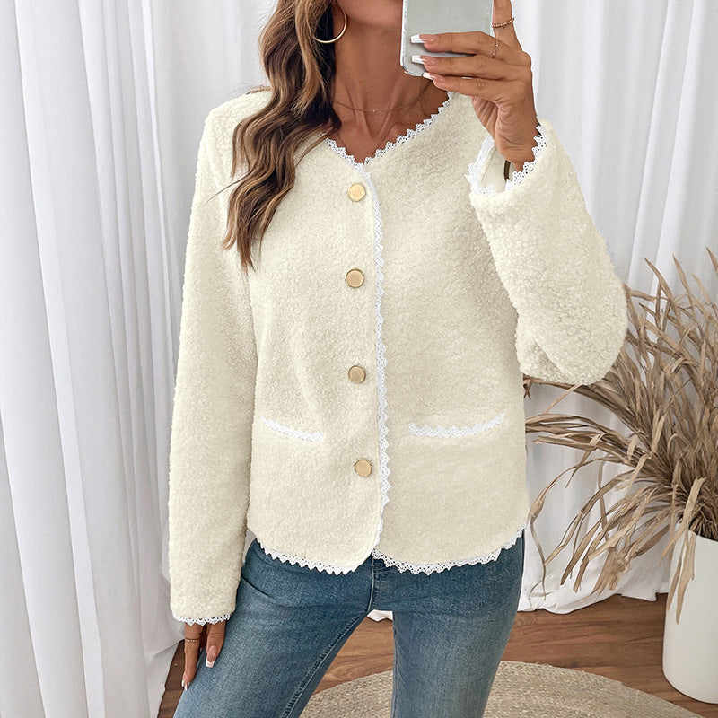 Women's soft teddy jacket with lace trim NOVAE