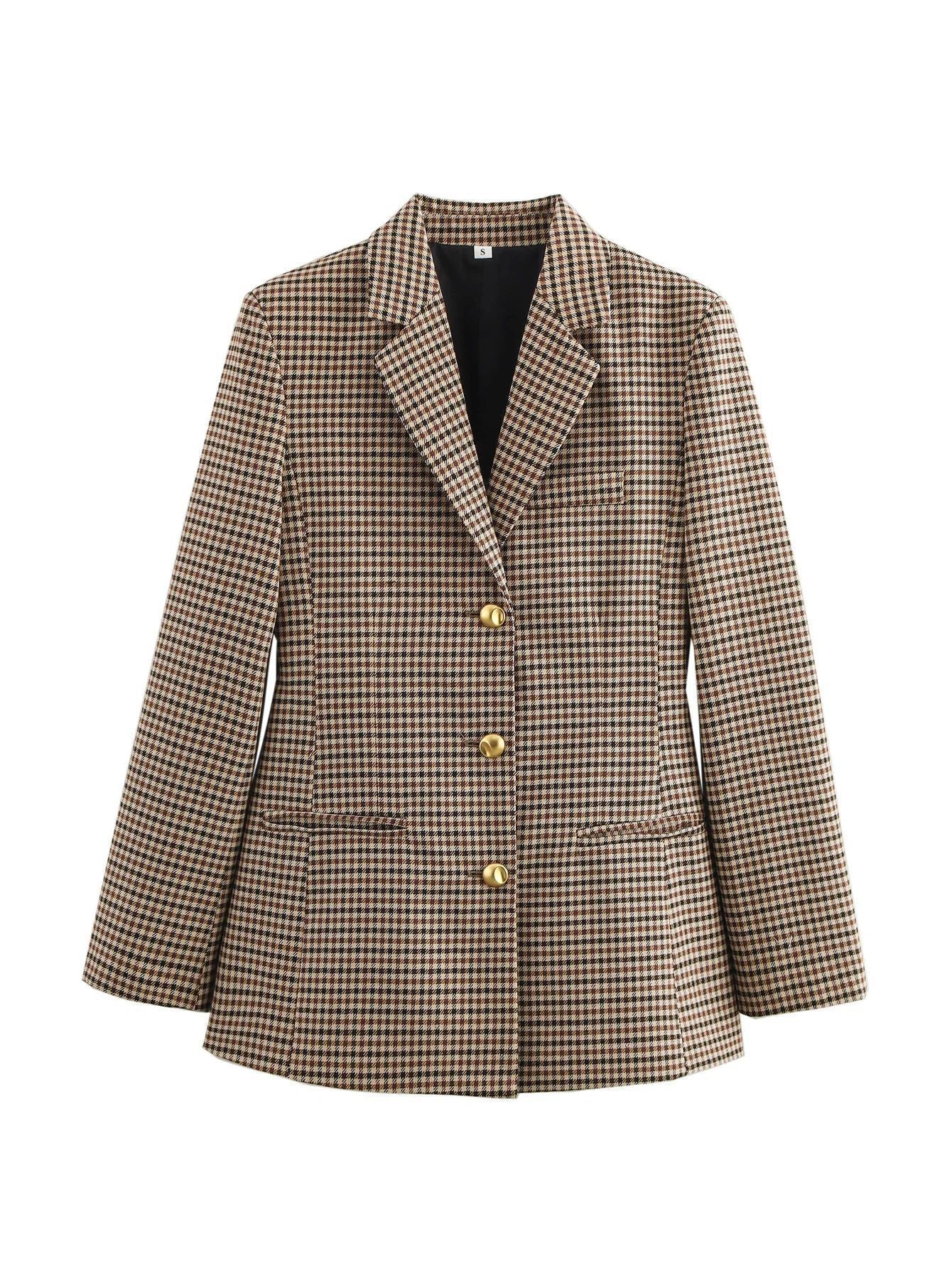 Women's checked blazer with gold buttons and practical pockets NOVAE