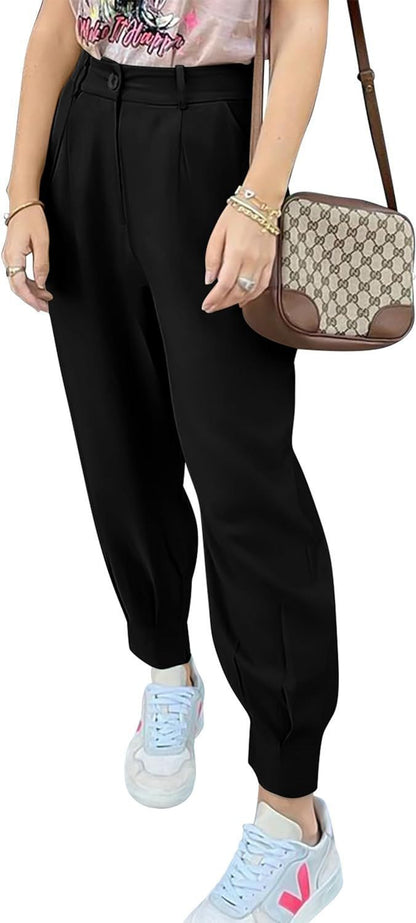 Women's elegant and fashionable high-waisted trousers with pleats and side pockets NOVAE