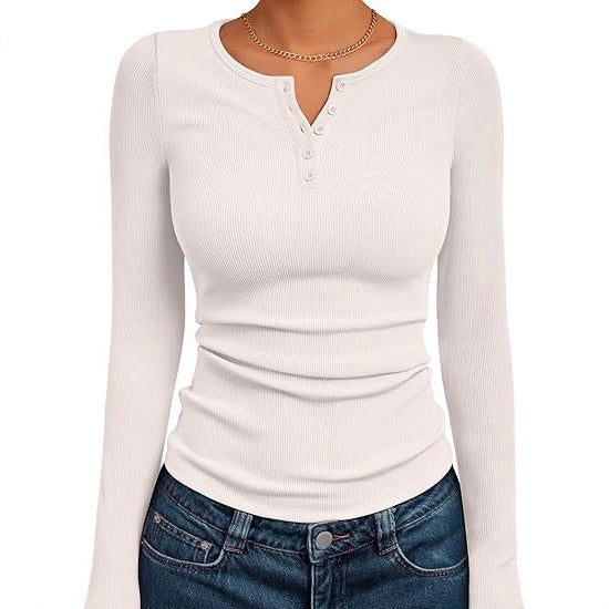 Women's fitted long-sleeved shirt with button placket and ribbed texture NOVAE