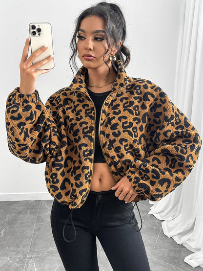 Women's Plush Short Jacket in Leopard Print with High Collar NOVAE