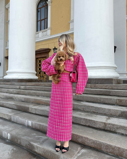 Women's maxi dress with innovative check design and flounce sleeves NOVAE
