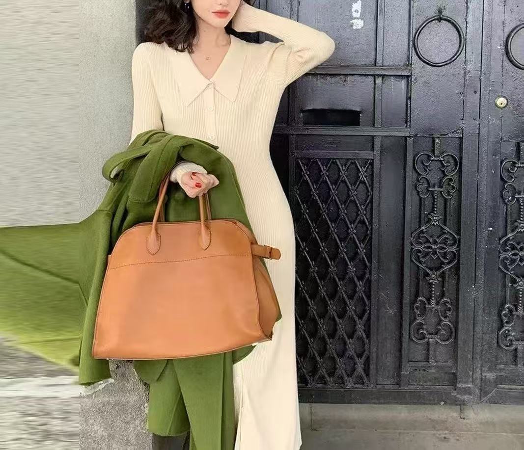 Women's knitted maxi dress with button closure and fashionable collar NOVAE