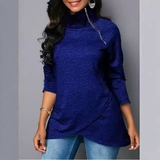 Women's round neck shirt with high collar and zipper NOVAE