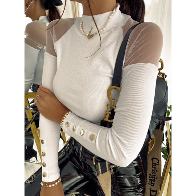 Women's long-sleeved shirt with sheer sleeves and button details NOVAE