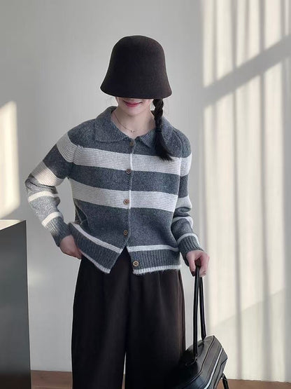 Women's fashionable knit cardigan with elegant stripes and wooden buttons NOVAE