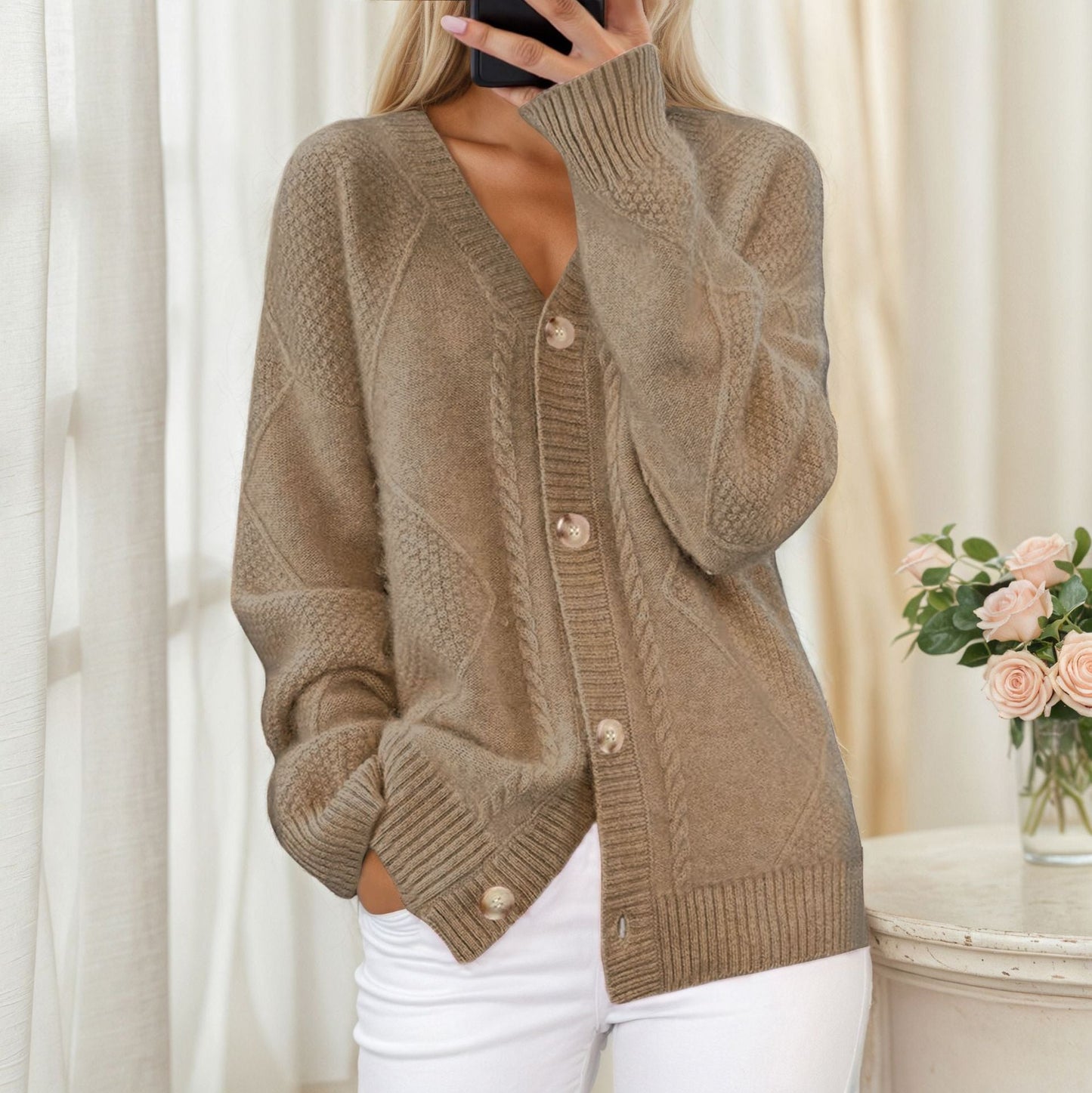 Women's cardigan with braided pattern and elegant button detail NOVAE