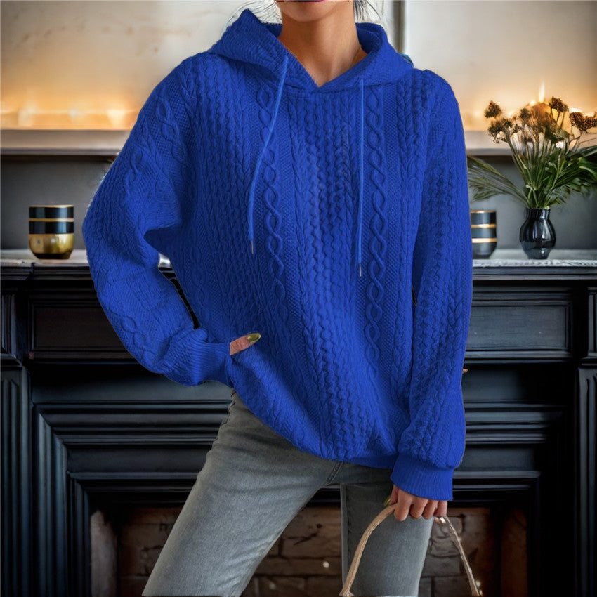 Women's High-Quality Knitted Sweater with Hood and Decorative Cable Pattern NOVAE