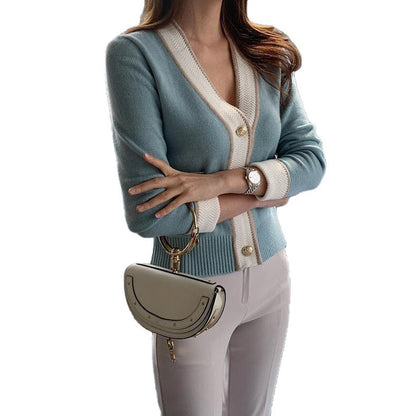 Women's cardigan with elegant V-neck and contrasting buttons NOVAE