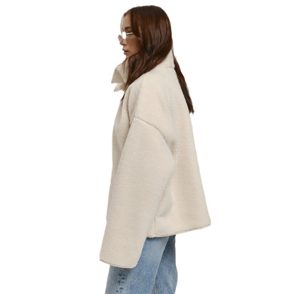 Women's Cozy Oversized Fleece Jacket with Stand-Up Collar and Snap Buttons NOVAE