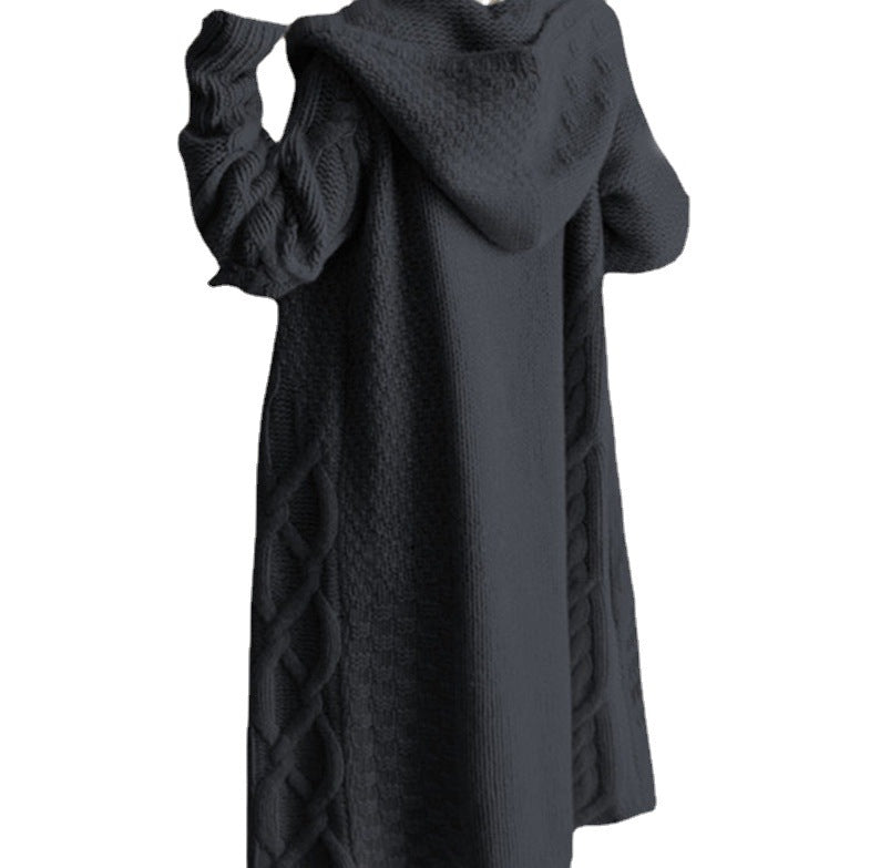 Women's knitted coat with hood and cable knit pattern NOVAE