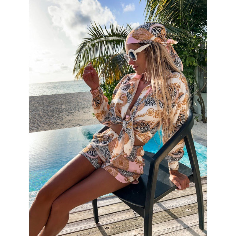 Women's checked short suit with stylish tie belt and fashionable print NOVAE