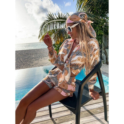 Women's checked short suit with stylish tie belt and fashionable print NOVAE