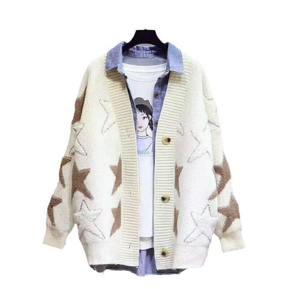 Women's chunky knit cardigan with star pattern and deep V-neck NOVAE