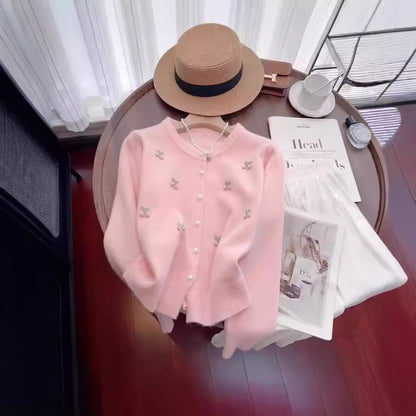 Women's cardigan with floral embroidery and pearl buttons NOVAE