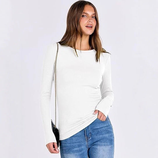 Women's long-sleeved shirt with structured rib design and subtle round neckline NOVAE