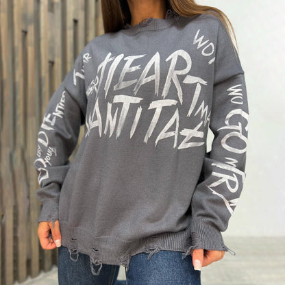 Women's oversized sweatshirt with creative lettering and fashionable ripped details NOVAE