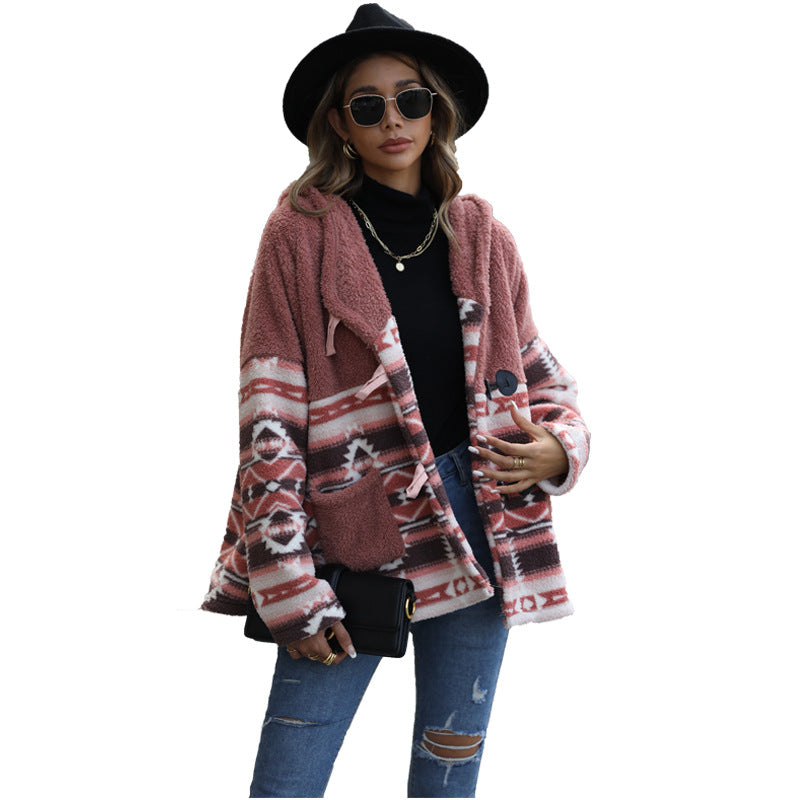 Women's plush jacket with traditional pattern and practical pockets NOVAE