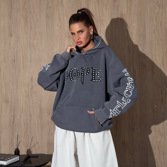 Women's oversized hoodie with eye-catching rhinestone embellishment and creative sleeve prints NOVAE