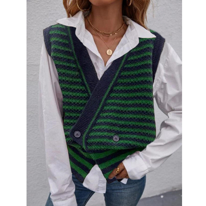 Women's knitted vest with fashionable striped pattern and double button closure NOVAE