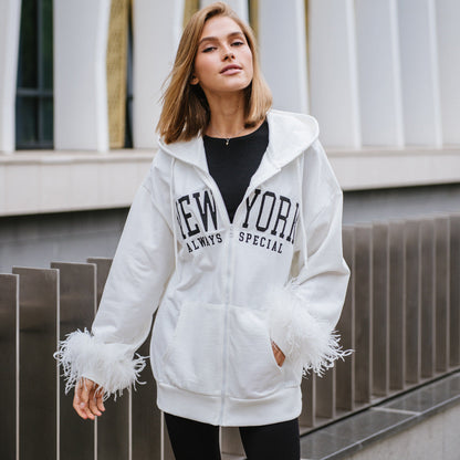 Women's oversized hoodie with creative lettering and modern fringe NOVAE