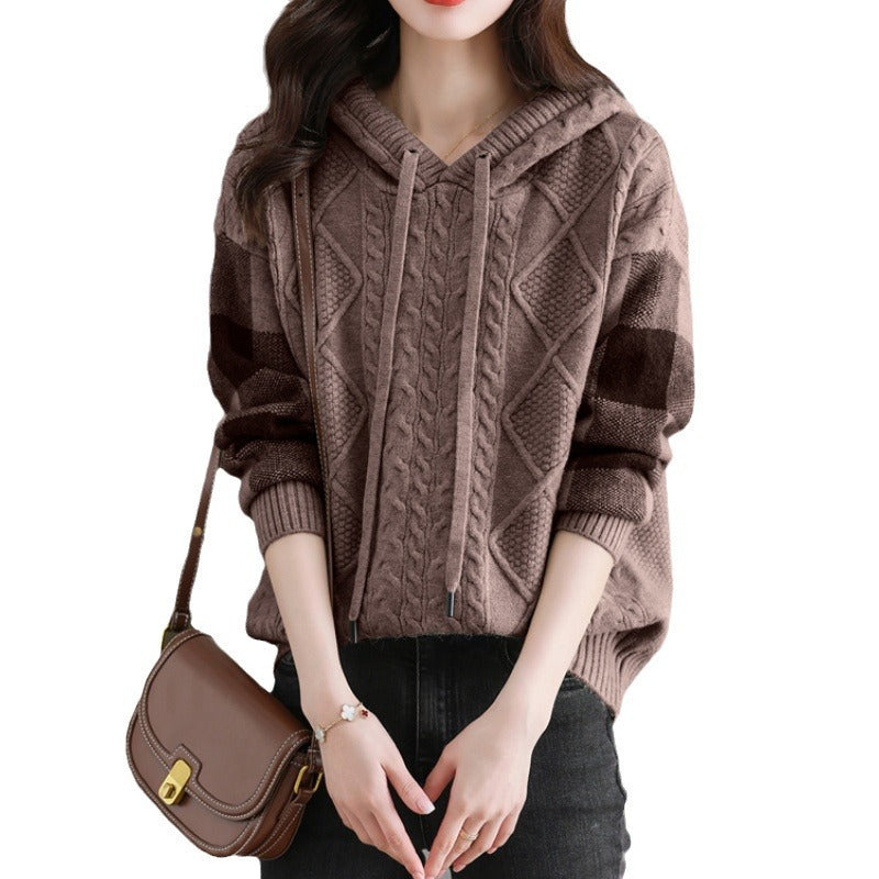 Women's knitted sweater with hood and fashionable check pattern NOVAE