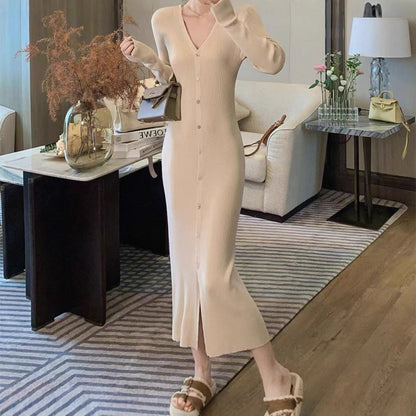 Women's Elegant Maxi Dress with Button Details and V-Neck NOVAE