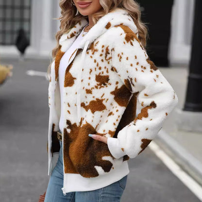 Women's plush jacket with animal print and practical pockets NOVAE