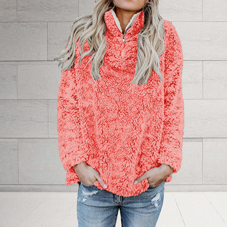 Women's Fluffy Fleece Pullover Jacket with High Collar and Zipper NOVAE
