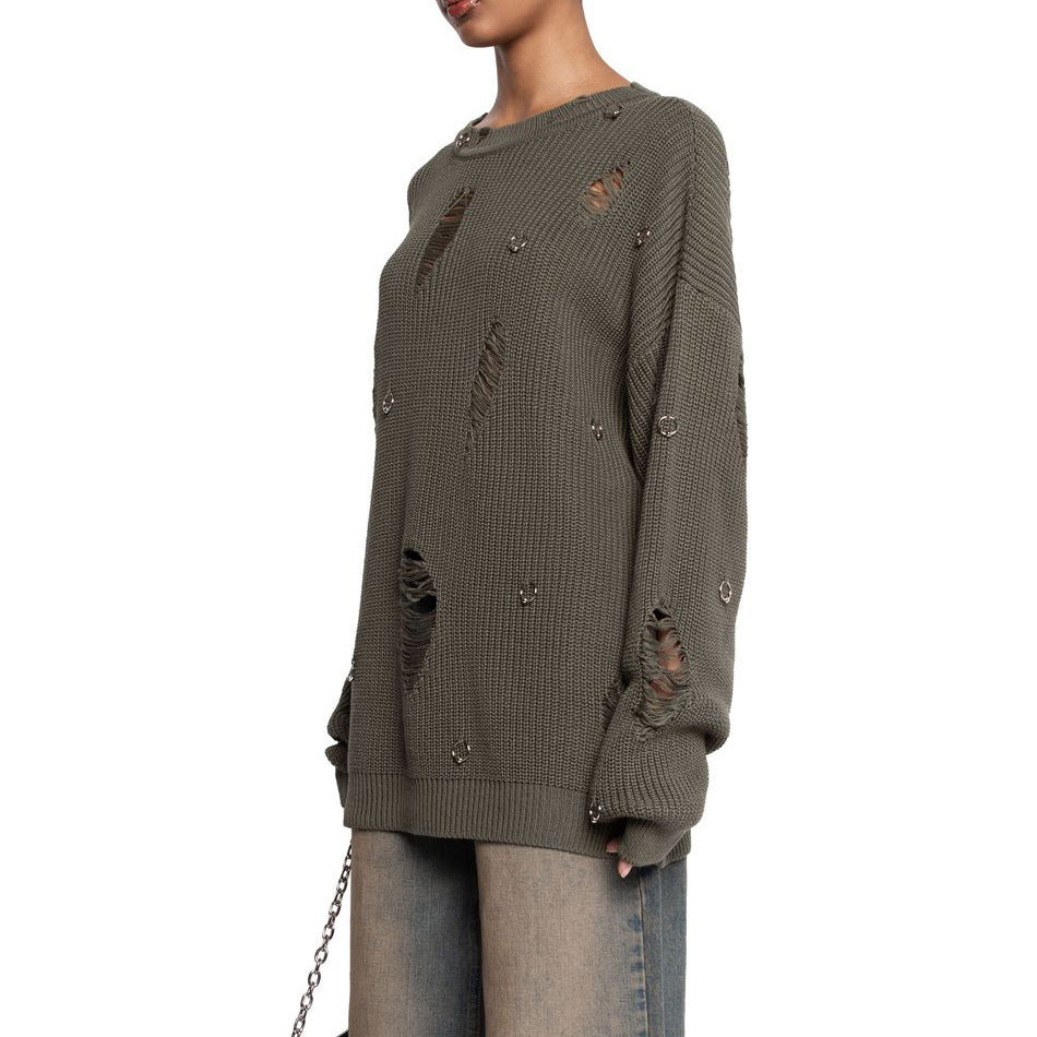 Women's casual sweater with fashionable ripped details and jewelry appliqués NOVAE