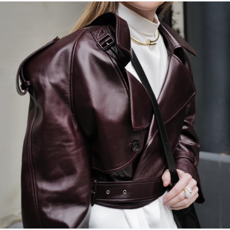 Women's trendy faux leather jacket with broad shoulders and classic collar NOVAE