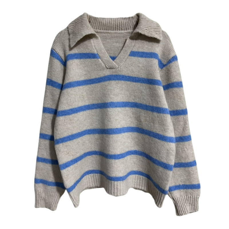 Women's V-neck knit sweater with textured stripe pattern NOVAE