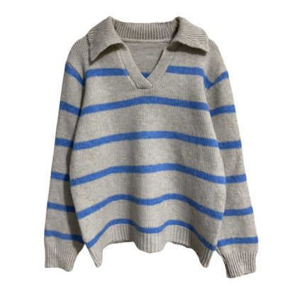 Women's V-neck knit sweater with textured stripe pattern NOVAE