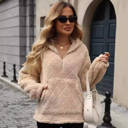 Women's Fluffy Hoodie with Stand-Up Collar and Kangaroo Pocket NOVAE