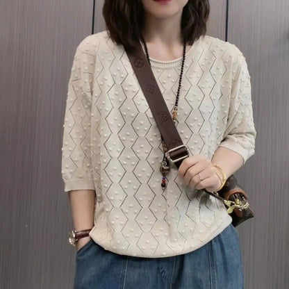 Women's fine knit sweater with decorative textured design and casual cut NOVAE