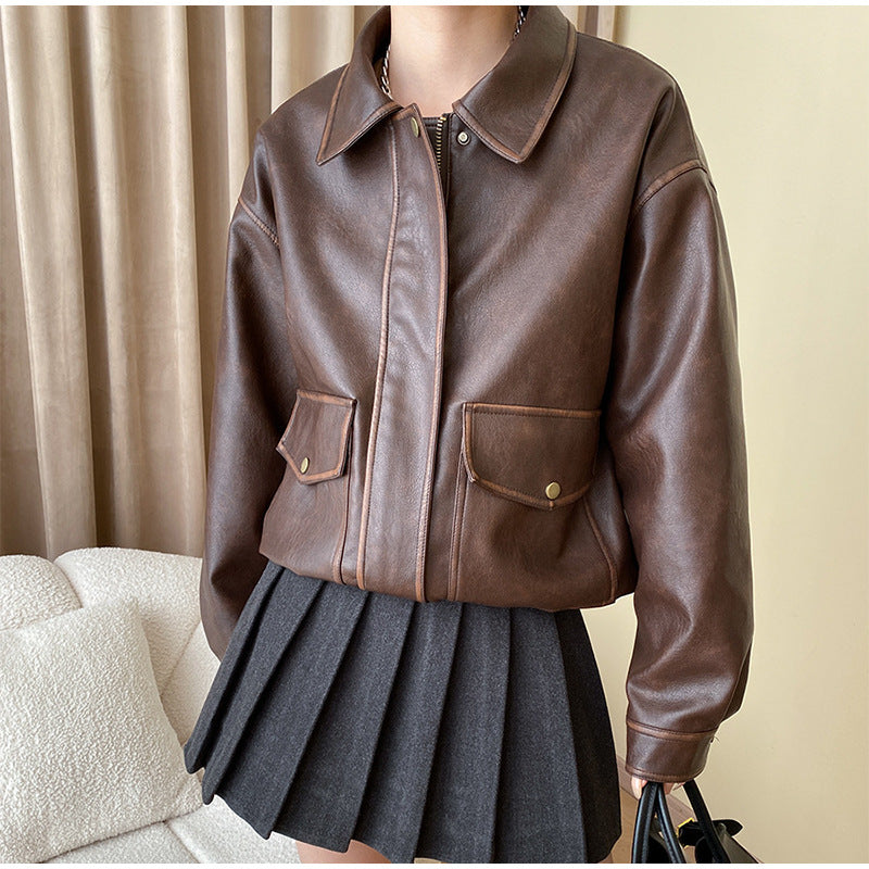 Women's Casual Faux Leather Jacket with Practical Pockets and Elasticated Hem NOVAE