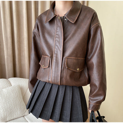 Women's Casual Faux Leather Jacket with Practical Pockets and Elasticated Hem NOVAE