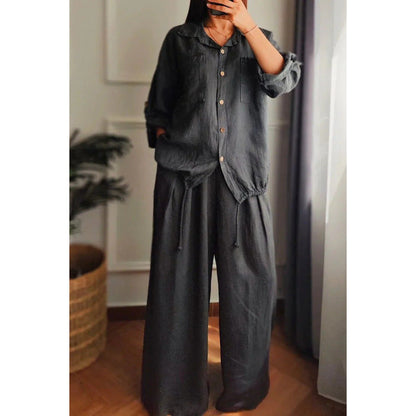 Women's linen set with wide-leg trousers and casual blouse NOVAE