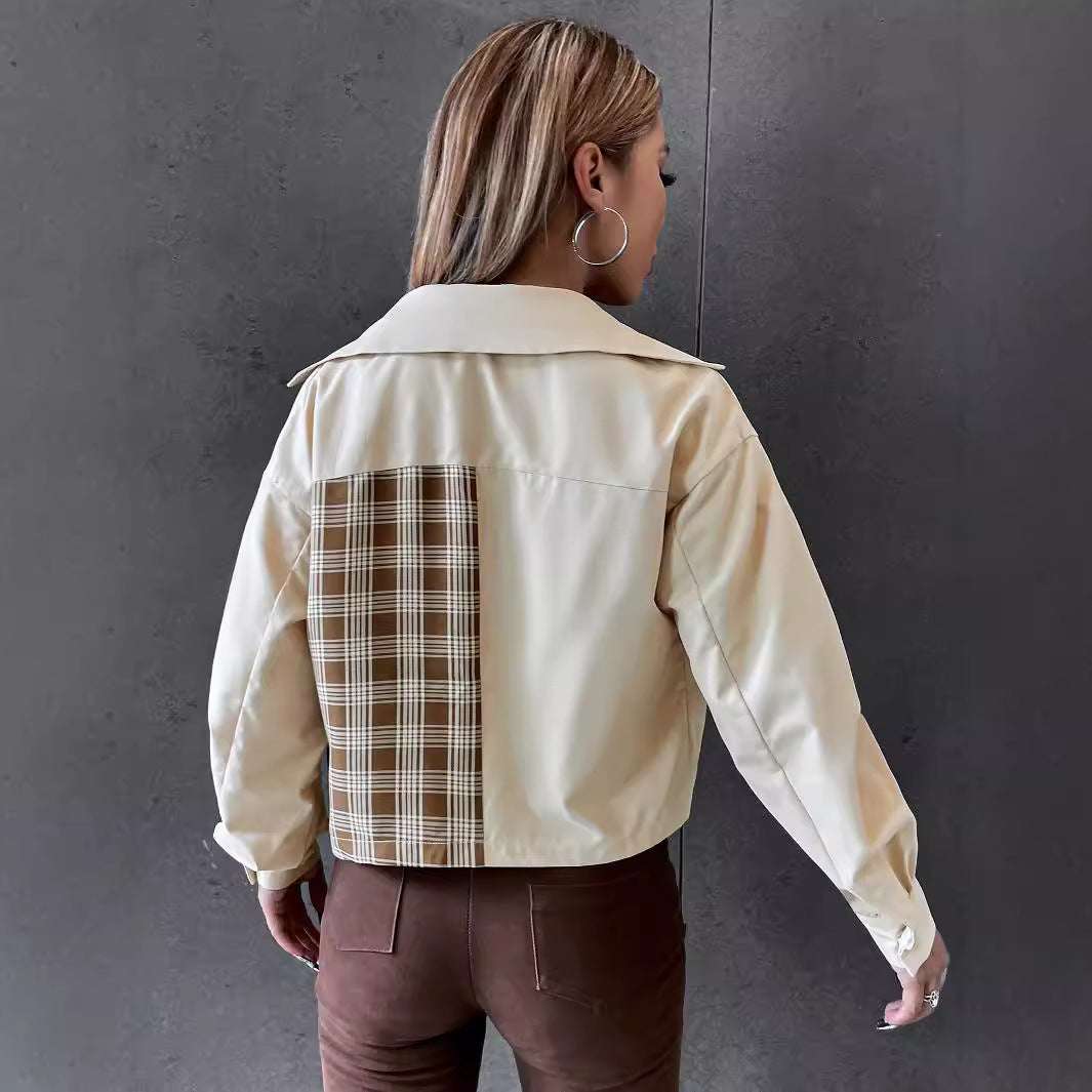 Women's crop utility jacket with checked sleeves and classic snap buttons NOVAE