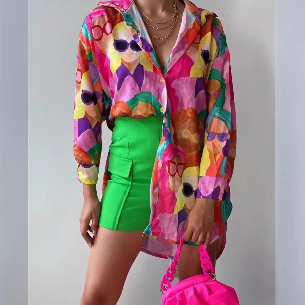 Women's Transparent Blouse with Colorful Graphic Design and Oversized Cut NOVAE