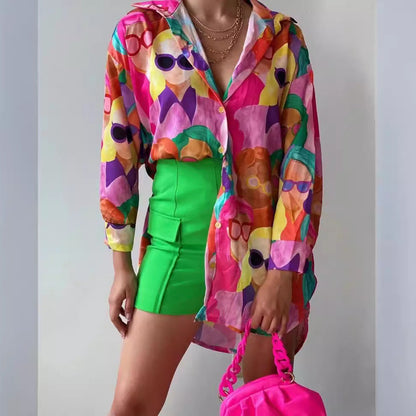 Women's Transparent Blouse with Colorful Graphic Design and Oversized Cut NOVAE