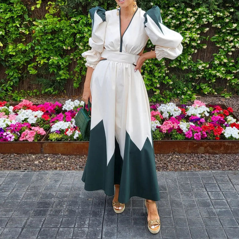 Women's maxi dress with ballet-style puff sleeves and V-neck NOVAE