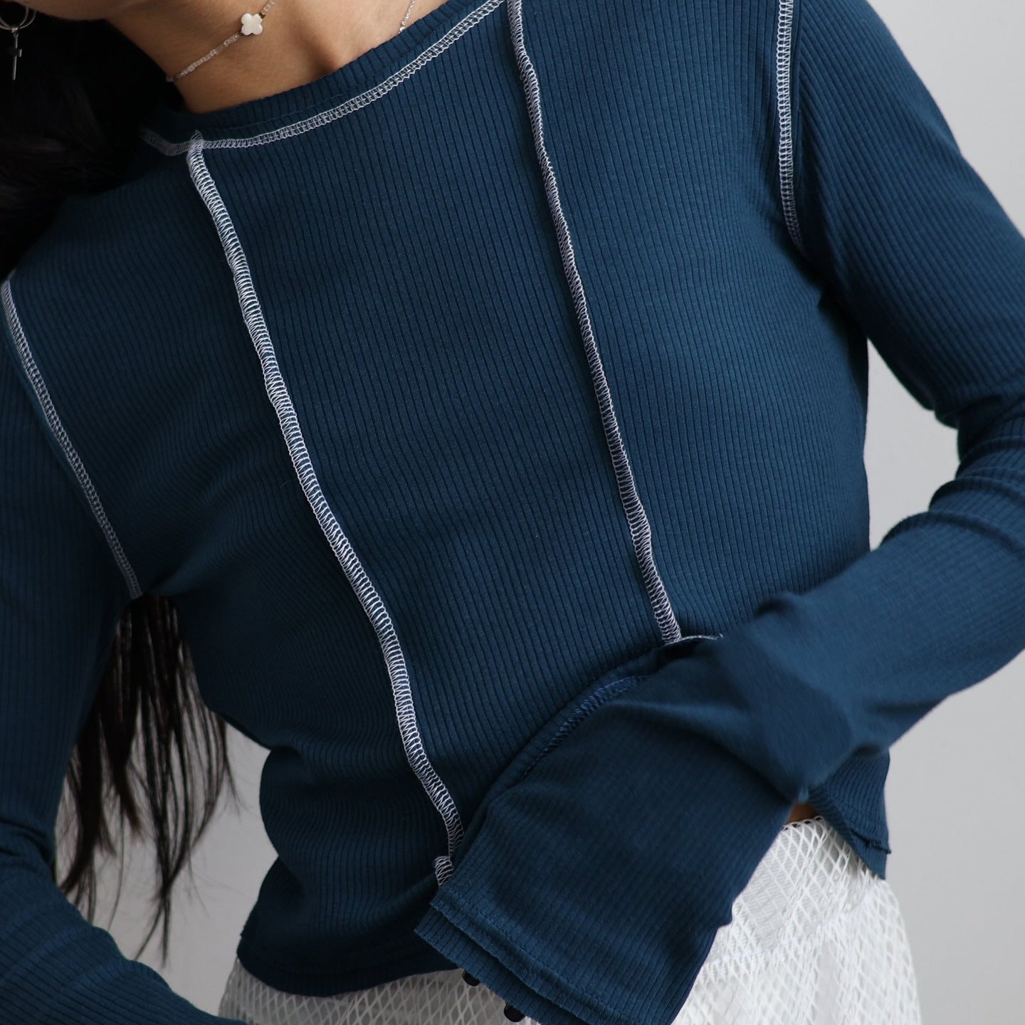 Women's casual long-sleeved top with retro-inspired ribbed texture and contrasting seams NOVAE