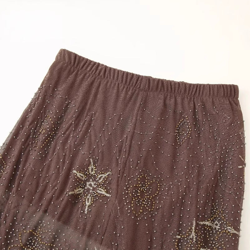 Women's elegant sheer palazzo pants with sparkling appliqués NOVAE