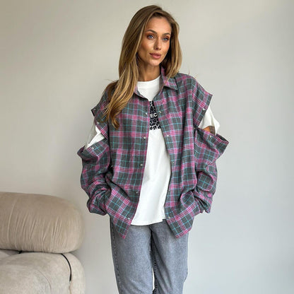 Women's checked overshirt with unique cut and fashionable detail NOVAE