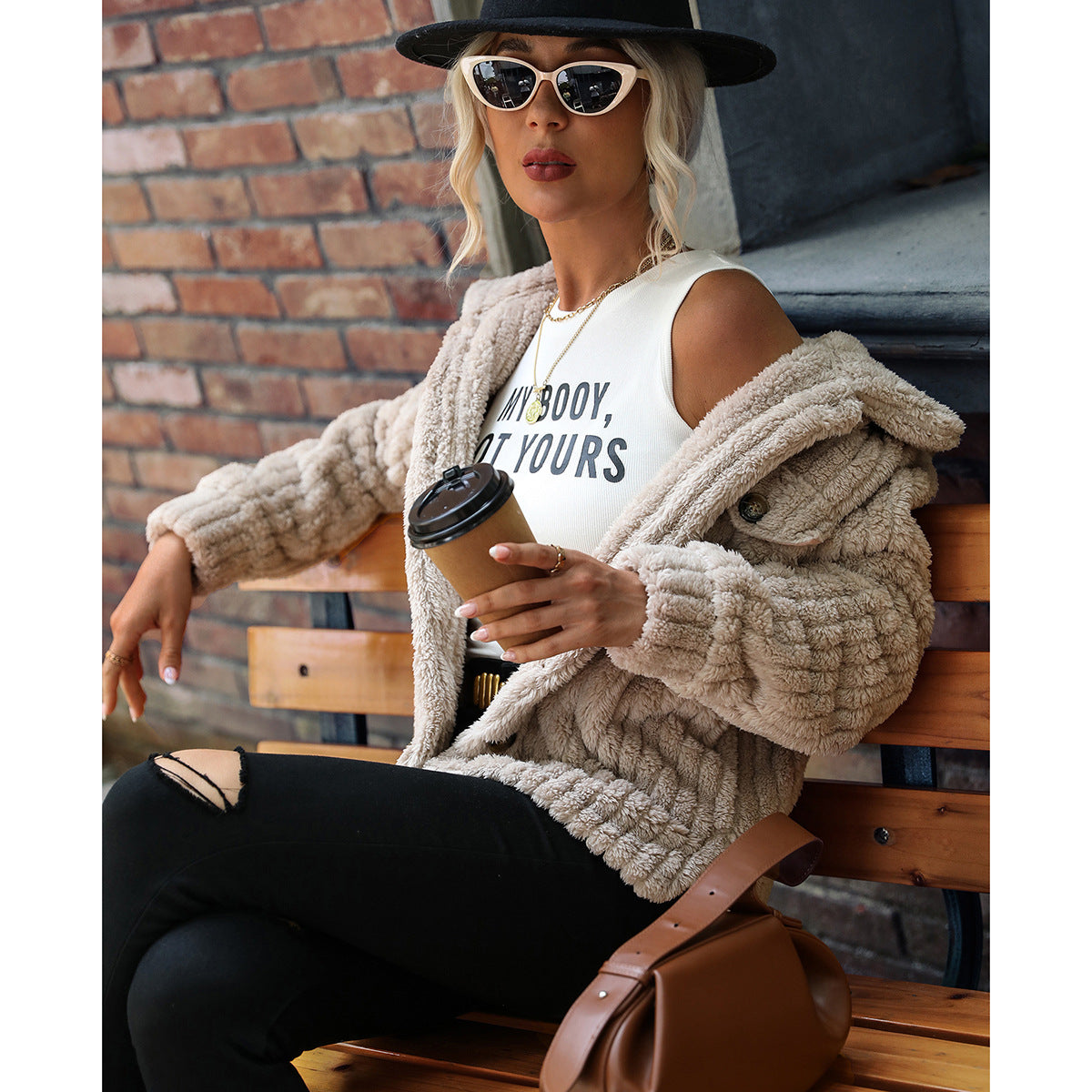 Women's plush jacket with textured fleece and modern button details NOVAE