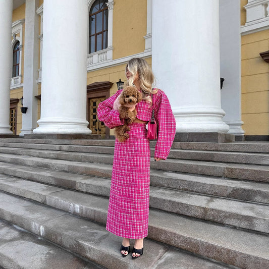 Women's maxi dress with innovative check design and flounce sleeves NOVAE